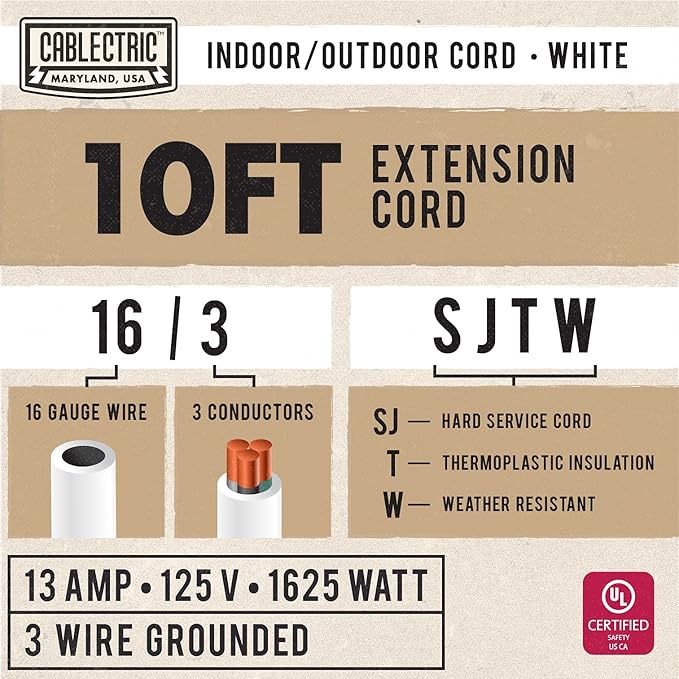 16/3 White Outdoor Extension Cord 10 Foot - 13 Amp Electrical Cable 3 Prong - Image 2