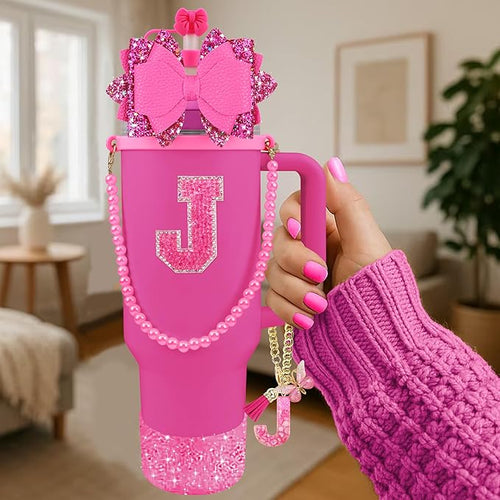 9PCS Hot Pink for Stanley Cup Accessories Set Bling Initials Bow Charms for - Image 2