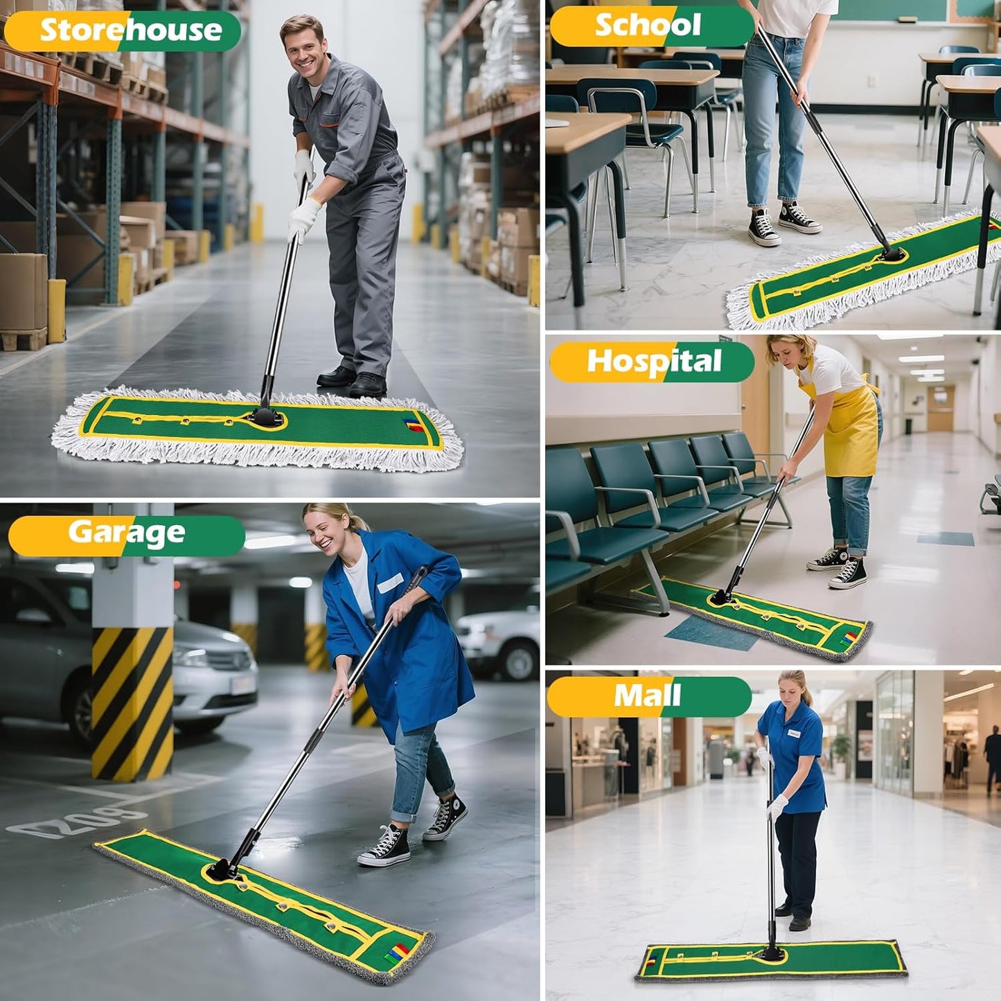 42" Commercial Dust Mop for Floor Cleaning, MASTERTOP Large Flat Mop with Long Handle, Sweeping Broom with 2 Different Mops Pads, Industrial Mop for Hardwood, Tile, Gym, Office, Mall, Warehouse