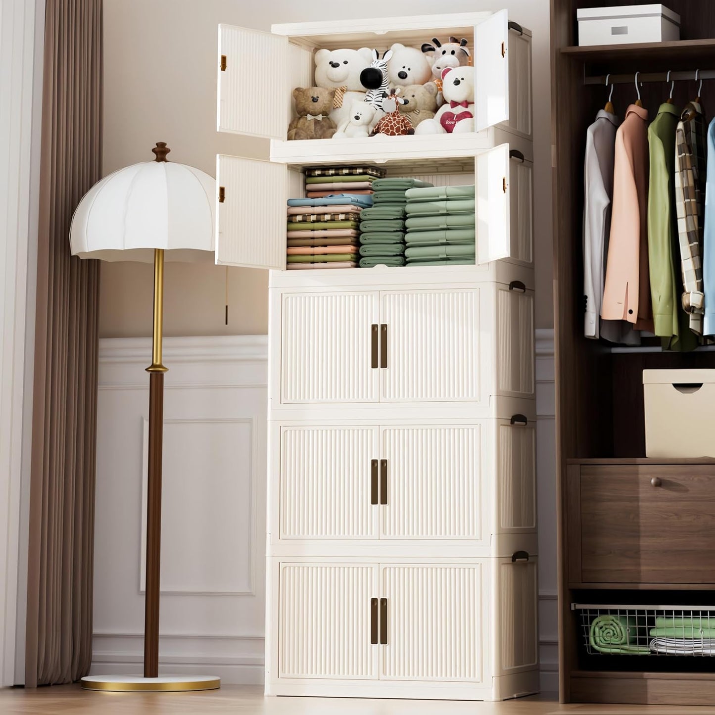 520QT/130GAL Stackable Storage Bins with 1 lid Storage Closet Organizers and Drawer Foldable Storage Bins Container with door Collapsible Storage Box for Home Office Dorm Room(104Qt X 5),White