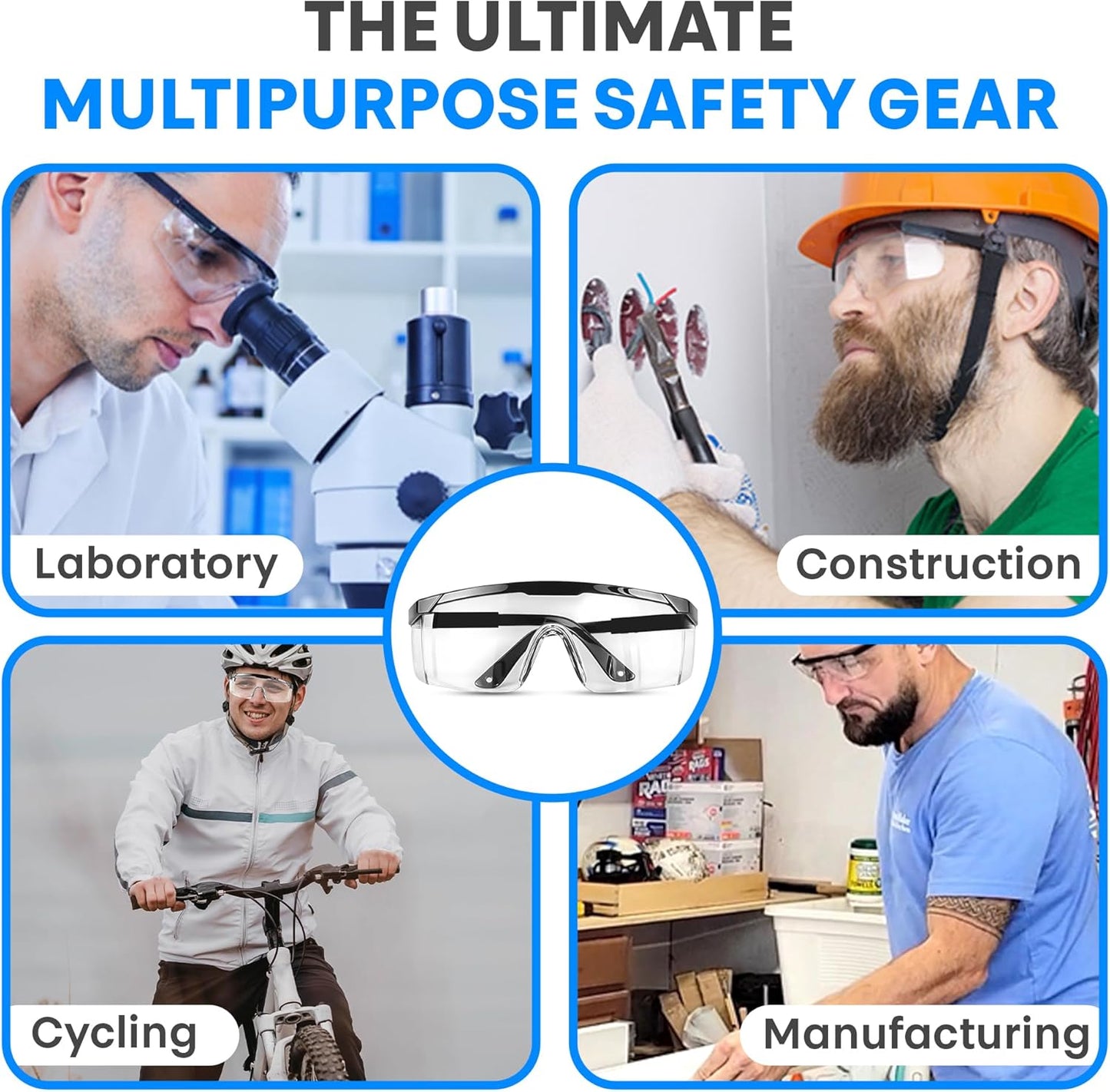 Safety Glasses, Full Coverage Lens, Built-in Brow Guard, UV Resistant, Anti-Fog, Anti-Scratches, Impact Resistant, Adjustable Side Frames, One Size Fits All, 12 Pack