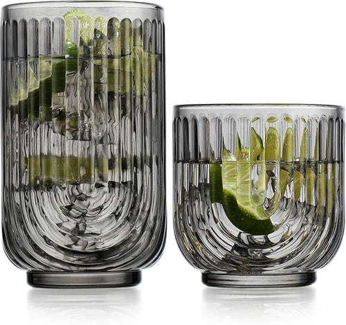 16 Piece Smoke Glassware Set, Art Deco Black Drinking Glasses, Ribbed U-Shape by Glavers