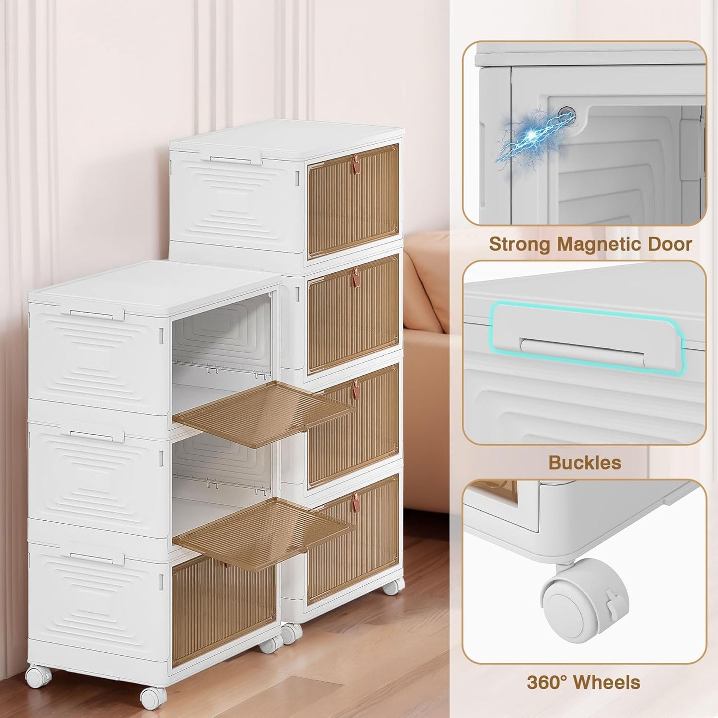 VECELO 4 Tier Storage Bins with Lid, Stackable Storage Boxes with Magnetic Doors & Wheels, Foldable Storage Containers, 23 QT Closet Organizers and Storage for Living Room, Office, Dorm