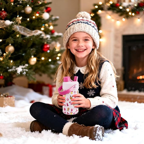 12 oz Christmas Kids Insulated Water Bottle: 2-in-1 Straw Spout Lid, Stainless - Image 2
