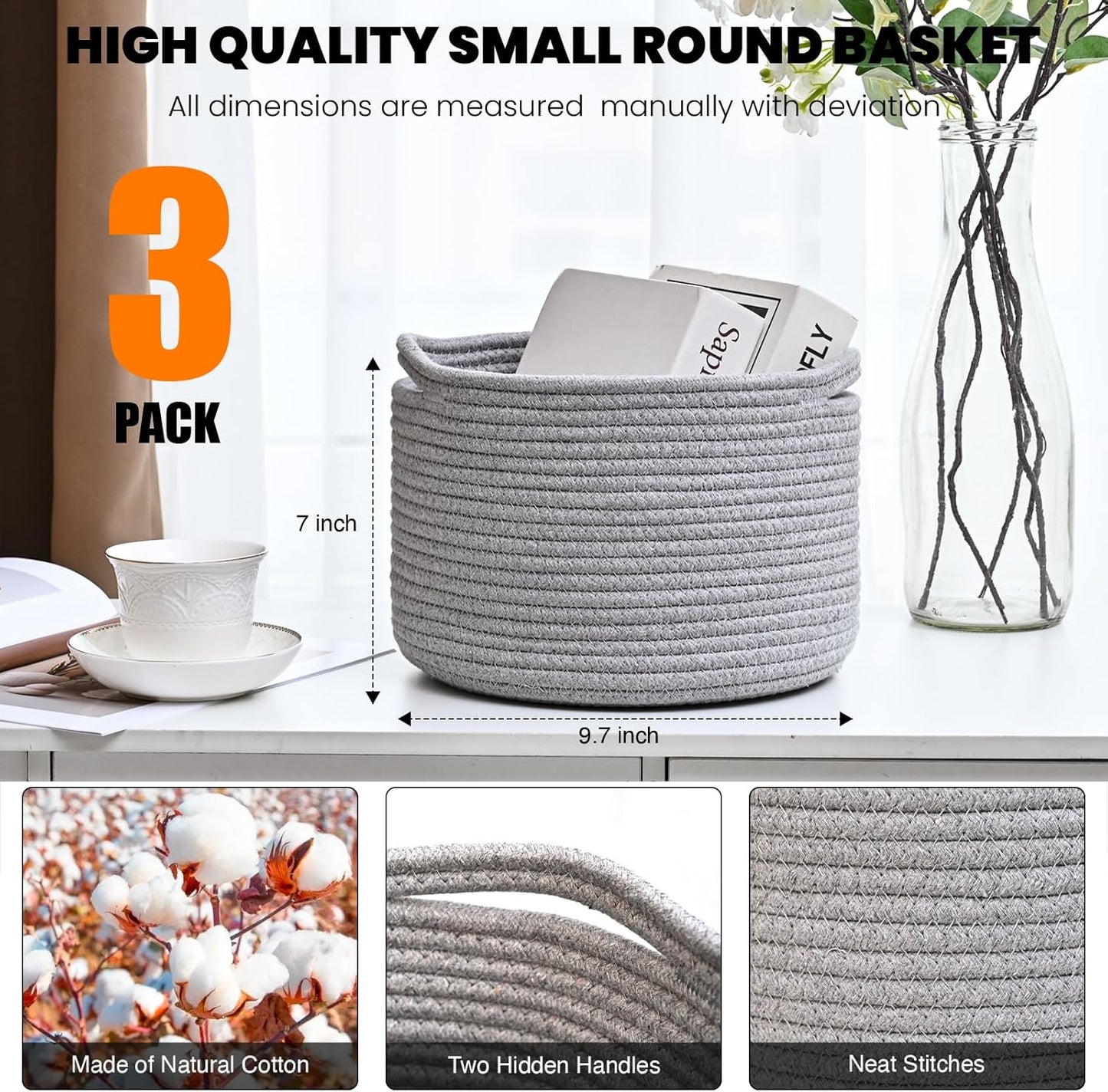 Small Storage Baskets for Organizing, Organizer Baskets for Shelves, Small Woven Basket for Storage, Cute Basket for Gifts Empty, Soft Cotton Rope Baskets, 9.7"×9.7"×7" (3 Packs) Grey