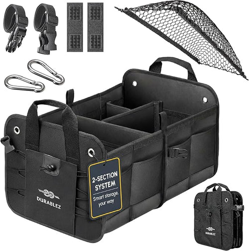 2-Section Trunk Organizer Foldable Car Storage Bin – Compact Dual-Compartment by DURABLEZ