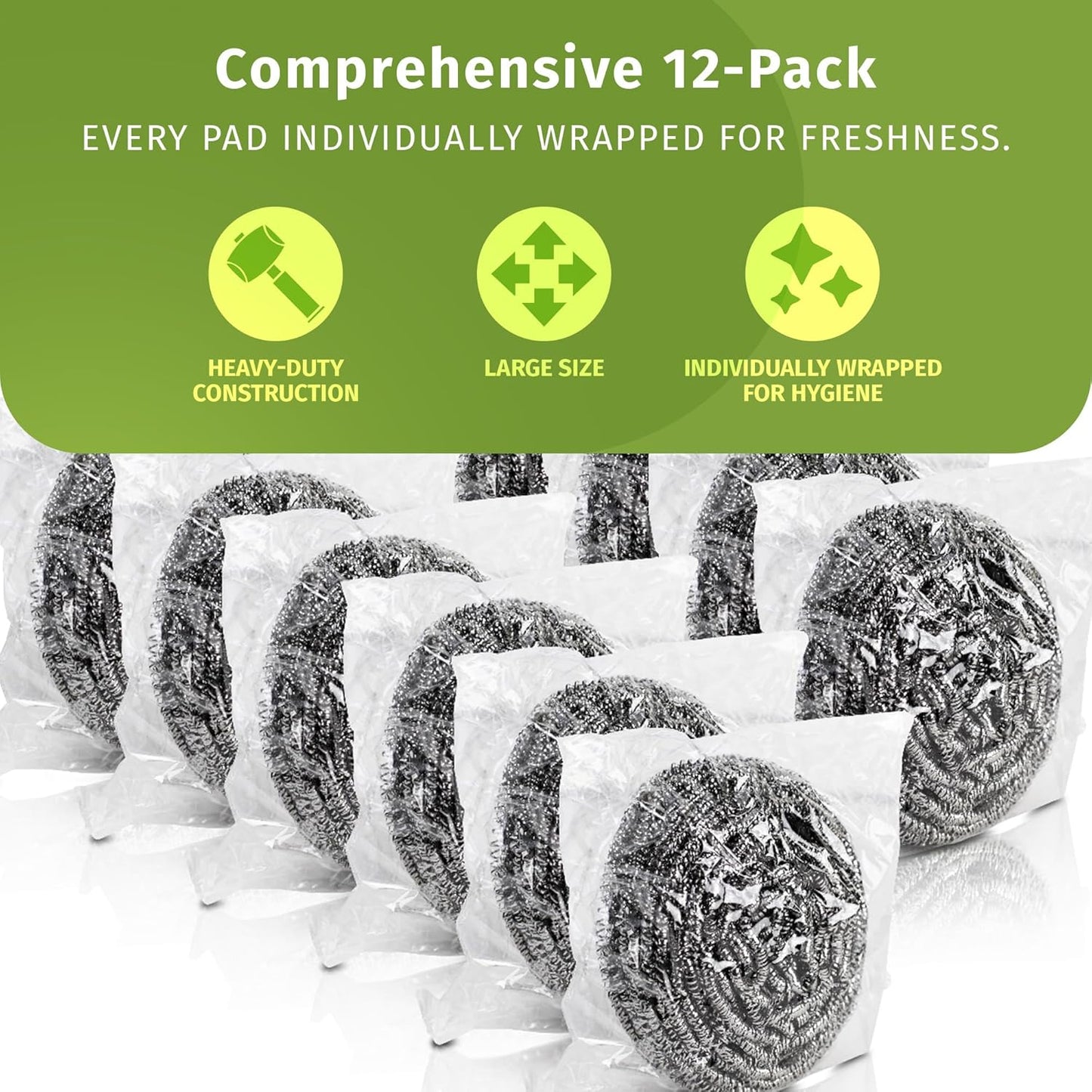 Brheez Stainless Steel Cleaner Scouring Pads [12 Pack] - Industrial & Commercial Strength Large Cleaning Supplies Dish Sponge - Individually Wrapped 30 Gram