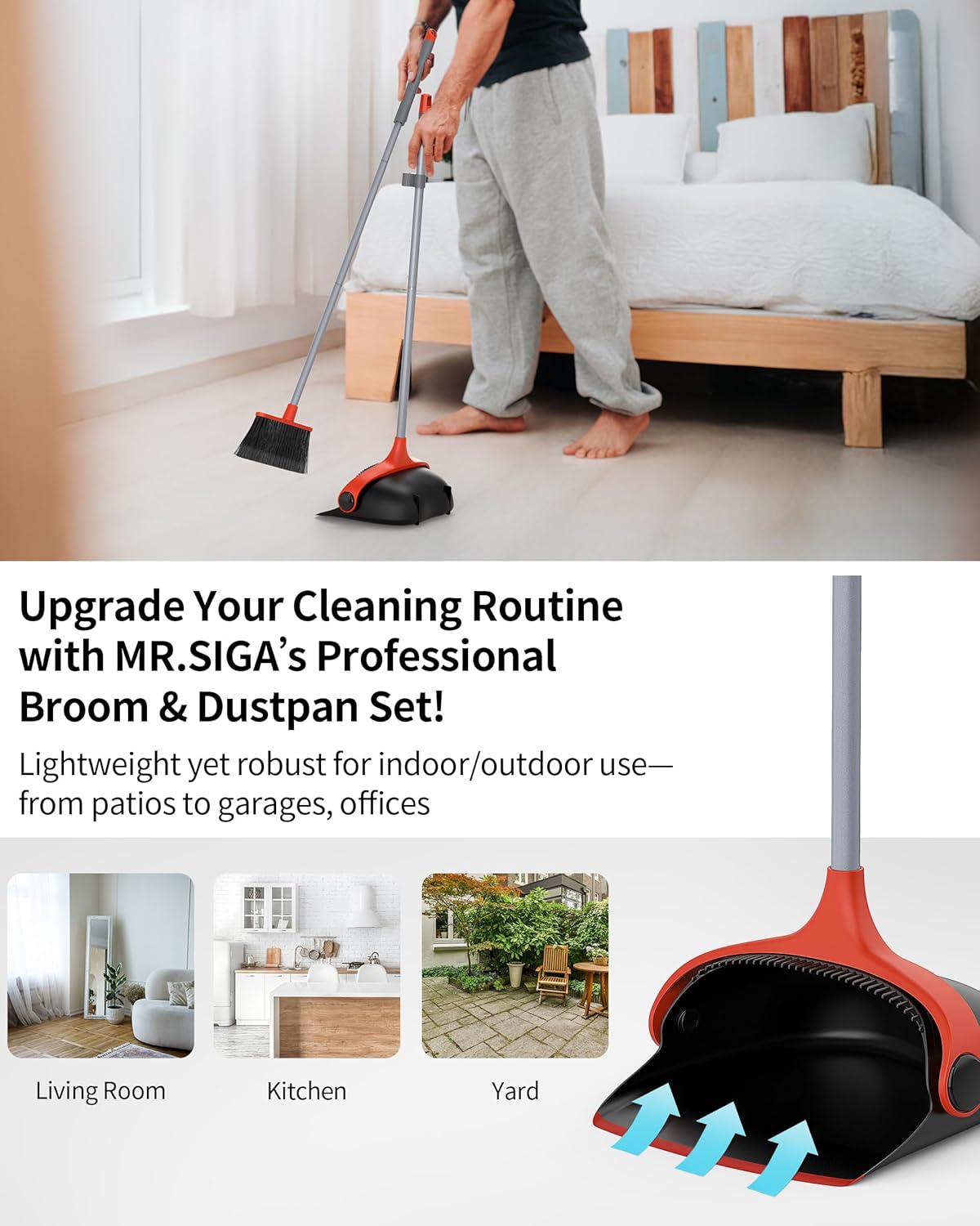 MR.SIGA Broom and Dustpan Set with Long Handle, Stand Upright Broom with Dustpan Combo for Floor Cleaning, Lightweight Sweeping Set for Indoor and Outdoor Use, 51.7"(131 cm) Long Handle, Black & Red