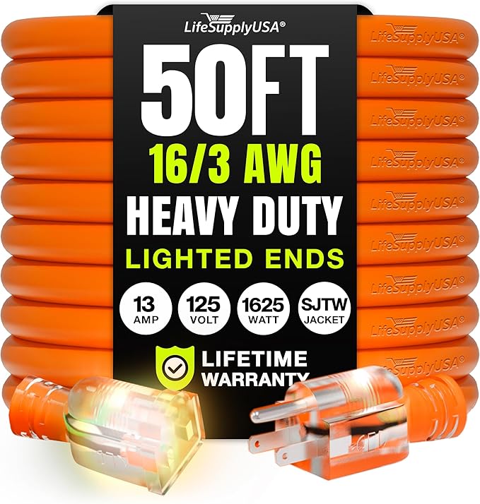 50ft Outdoor/Indoor Extension Cord 16/3 Gauge Heavy Duty 3 Prong SJTW, by LifeSupplyUSA
