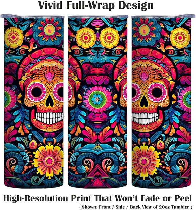 Firmiso 20 oz Tumbler｜Skinny Insulated Travel Mug｜Sugar Skull Floral Stainless - Image 2