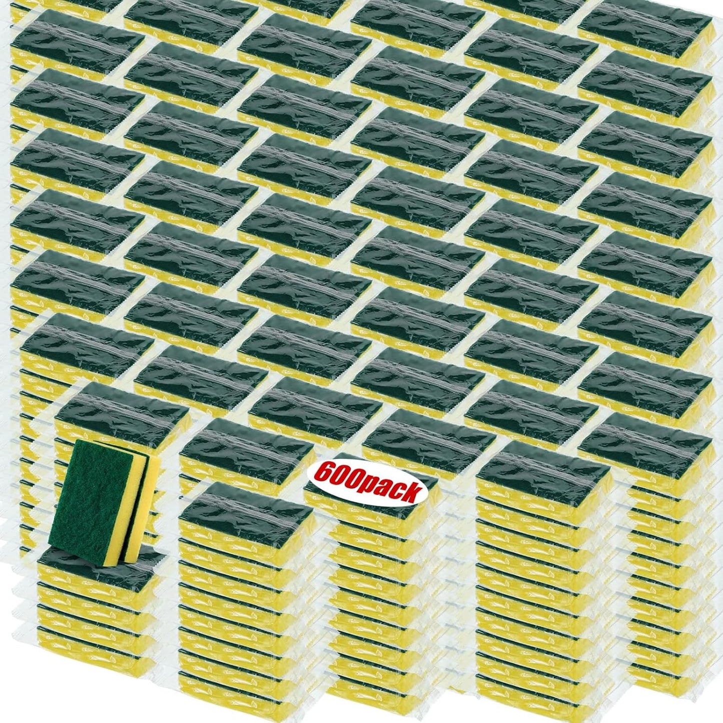 Tanlade 600 Pcs Individually Wrapped Dishwashing Sponge Bulk Non Scratch Scrub Sponges Kitchen Scouring Pad for Household Cleaning Rental Dishes Hotel Apartment Car (Yellow, Green)