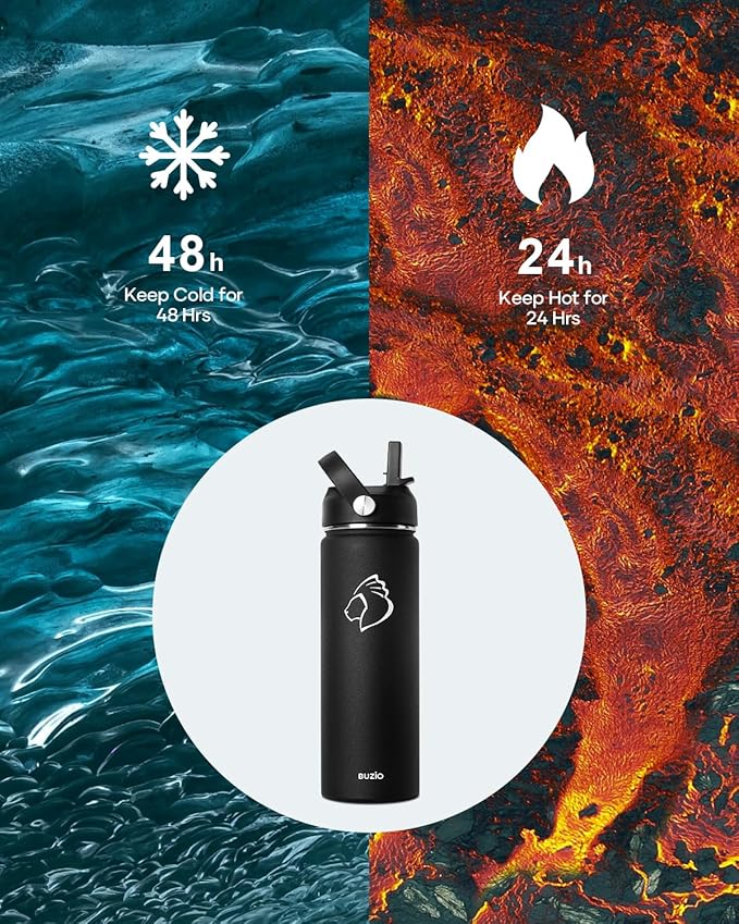 BUZIO 24 oz Insulated Water Bottle, Stainless Steel Wide Mouth Water Flask - Image 2