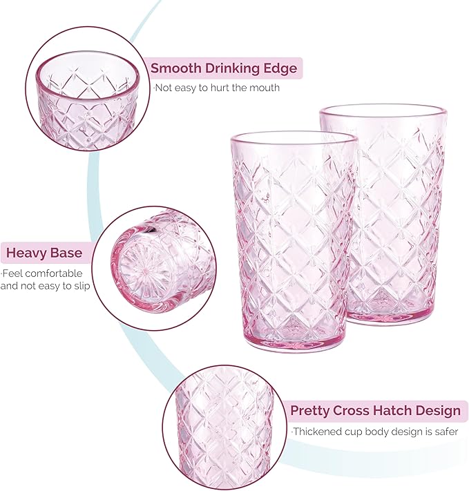 Drinking Highball Glasses Set of 4, Vintage Cross Hatch Glass Cups, 15.5oz Tall - Image 3