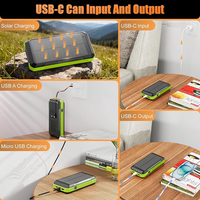Solar Power Bank 33800mAh with Super Bright LED Flashlight, Built-in 4 Cables & - Image 3