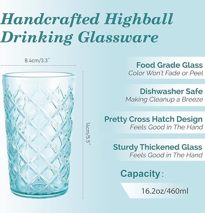 CREATIVELAND Drinking Highball Glasses Set of 4, Vintage Cross Hatch Glass Cups - Image 2