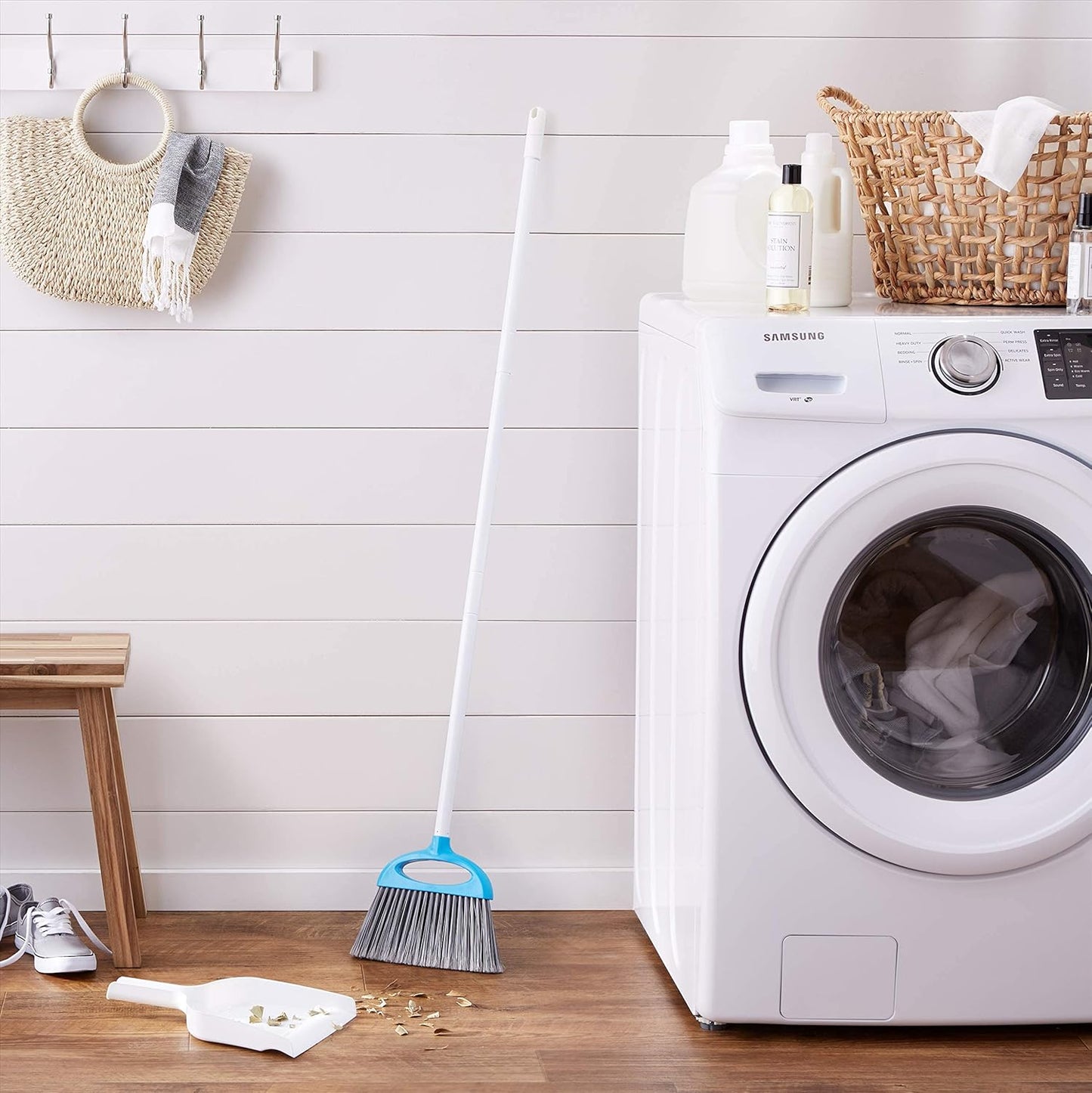 Amazon Basics Dustpan Broom Set with Easy Assembly and Long Handle, Blue and White