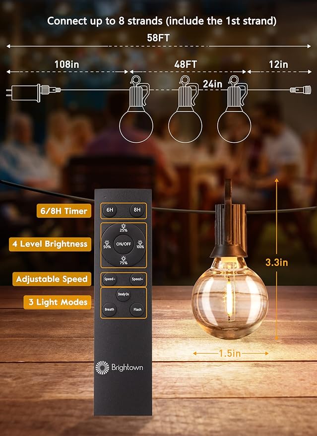 Brightown Outdoor String Lights, 58FT 25 Shatterproof LED Bulbs - Image 2