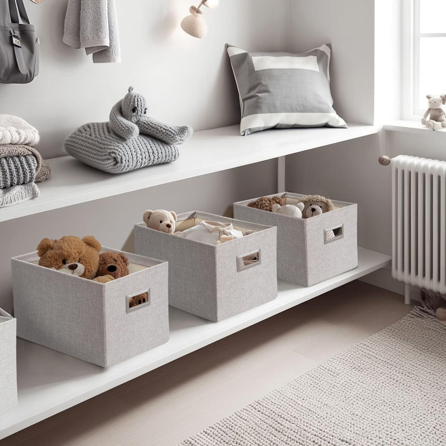 DECOMOMO Storage Bins for Shelves Robust Fabric Closet Bins for Shelves Toy Storage Clothes Books (Pack of 3 – Light Grey)