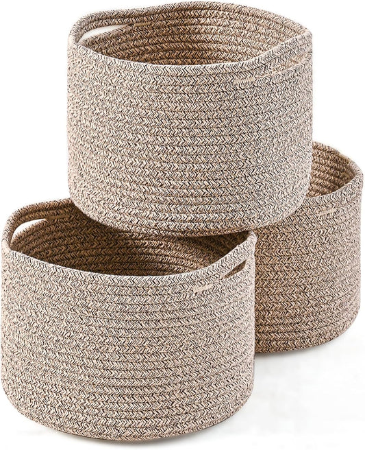 Small Storage Baskets for Organizing, Organizer Baskets for Shelves, Small Woven Basket for Storage, Cute Cotton Rope Basket for Gifts Empty, 9.7"×9.7"×7" (3 Packs) Brown