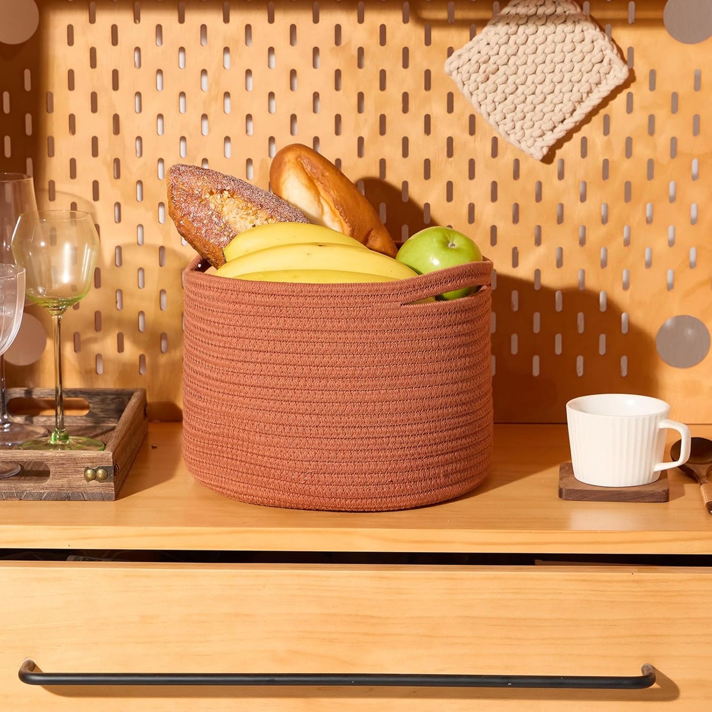 Small Basket for Organizing | Cube Shelf Closet Storage Baskets | 9.7×9.7×7.1” | Woven Rope Gift Basket | Nursery | Round 3 Packs Oxide Red