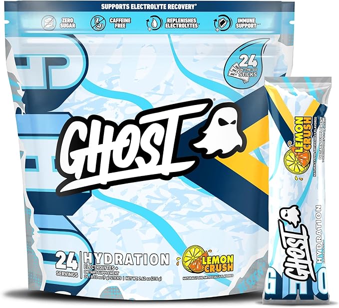 GHOST Hydration Packets, Lemon Crush, 24 Sticks, Electrolyte Powder by GHOST