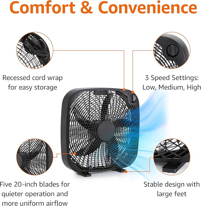 Amazon Basics 3-Speed Box Fan for Bedroom, Portable - Image 2