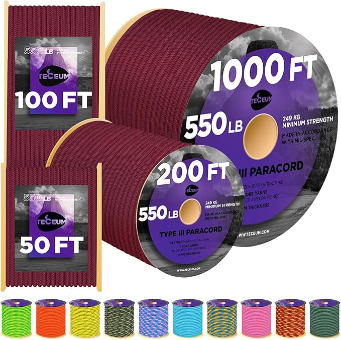 TECEUM Paracord Type III 550 Burgundi – 100 ft – 4mm – Tactical Rope MIL-SPEC – by TECEUM