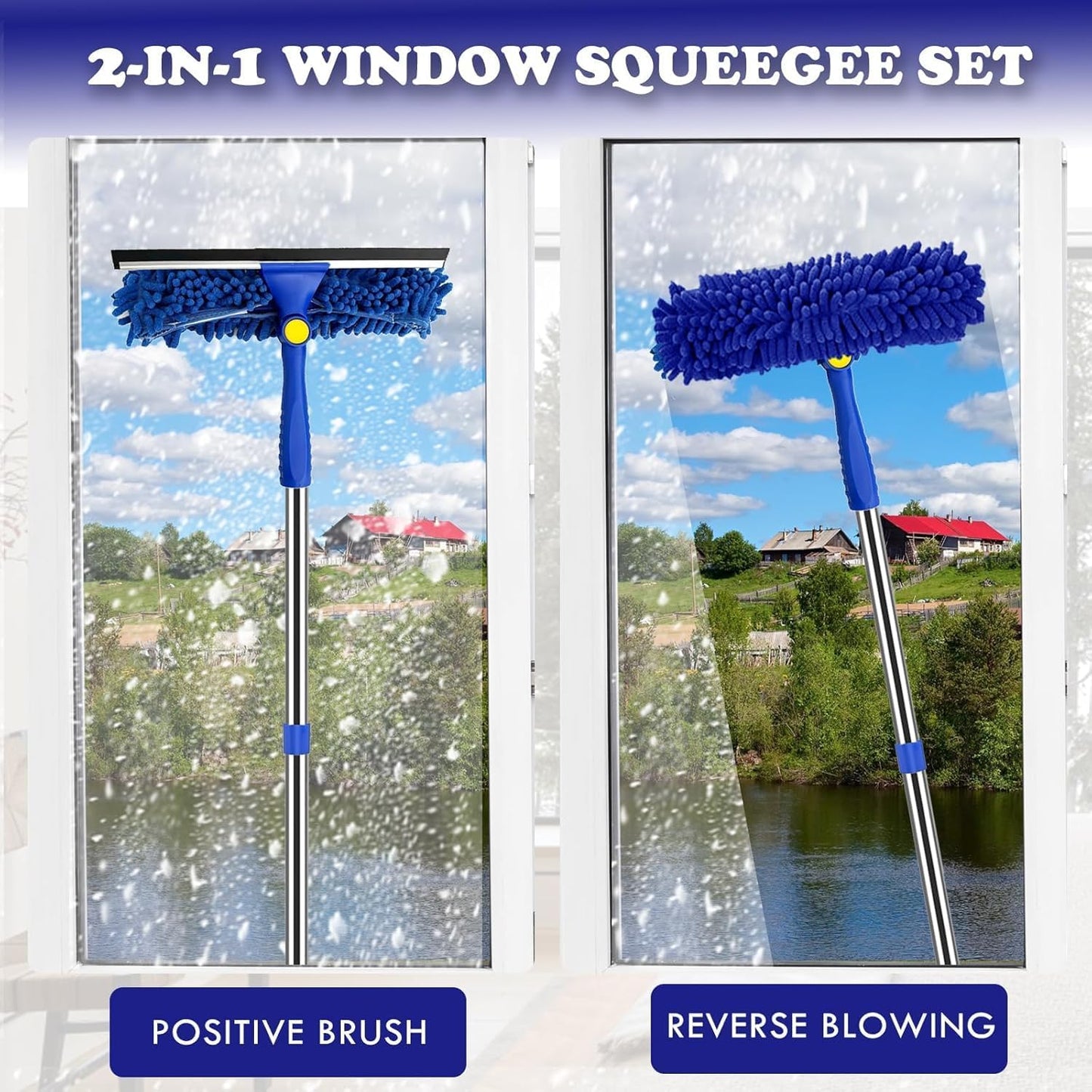 Window Squeegee Cleaner Tool Set,3-in-1 Window Cleaning Kit with 94" Long Extension Pole,Rotatable Bendable Window Washing Kit with 2 Blade 2 Scrubber for Home Car Glass Window Cleaning (11Pcs,Blue)