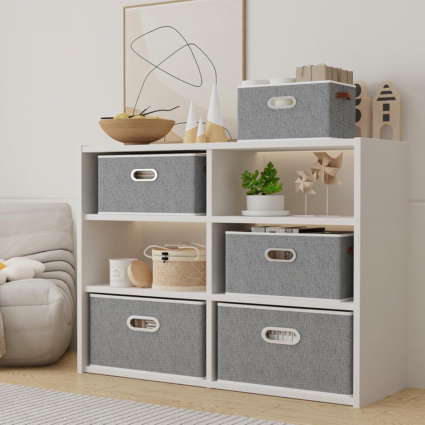 Yawinhe Fabric Storage Baskets, Foldable Closet Organizer for Shelves, Large Boxes with 3 Handles, Canvas Bins for Clothes, Grey, 12.99''Lx9.05''Wx7.87''H, 4-Pack