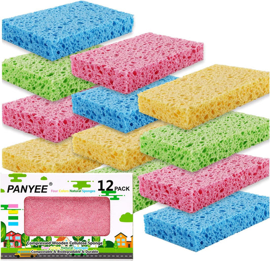 Compressed Cellulose Kitchen Sponges 12Pack，Non-Scratch Biodegradable Natural Colorful Sponge Scrub for Dishes Cleaning,Funny DIY Sponge for Kids