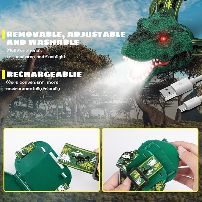 Dysaim Kids Headlamp, Rechargeable T-Rex Dinosaur Headlamp - Image 8
