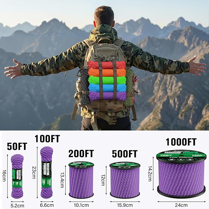 Reflective Paracord Rope 750 lb - 100ft 5/32" Parachute Cord 4MM 12-Strand para - Image 5