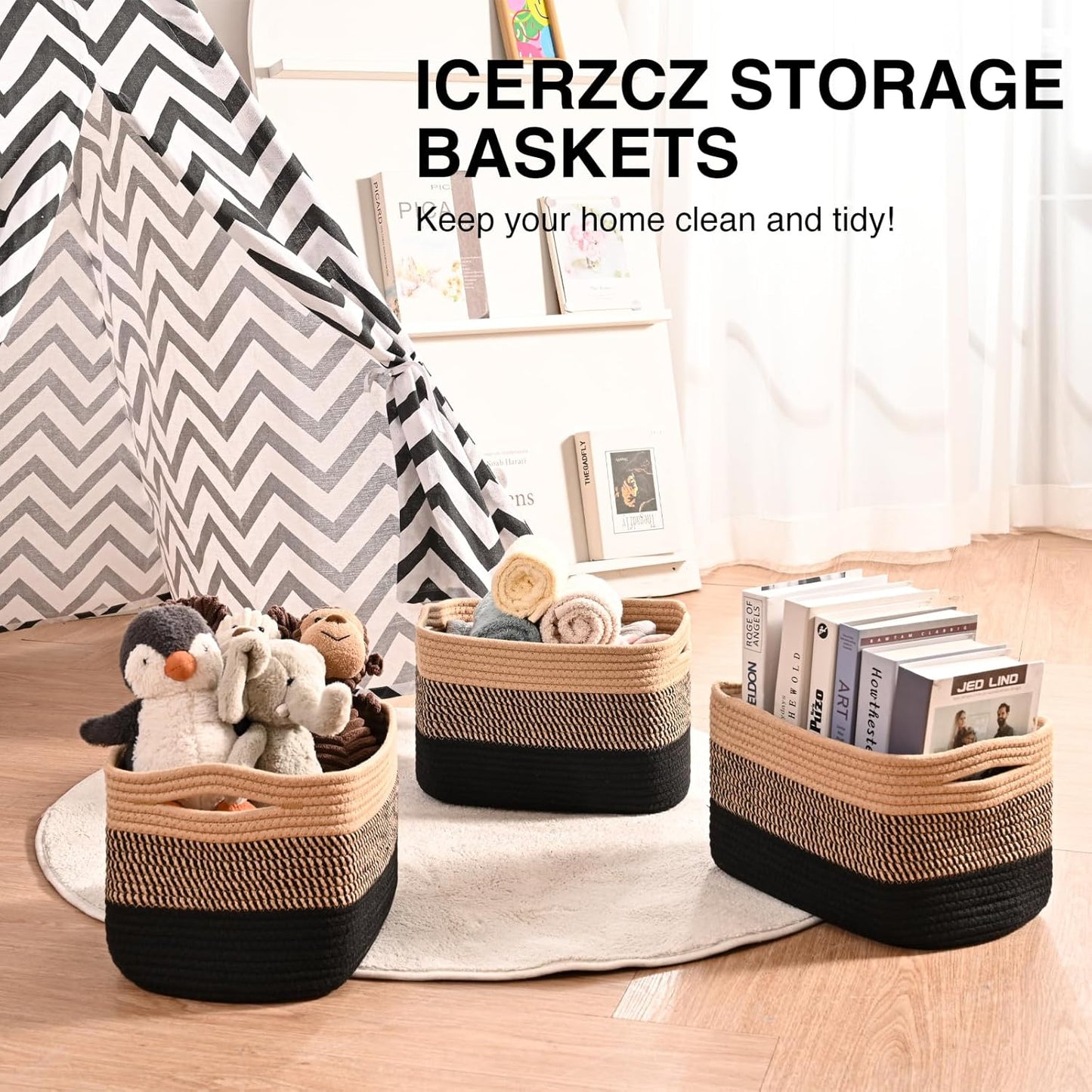 Storage Baskets for Shelves Organizing, Woven Cotton Rope Baskets for Storage, Book Basket, Towel Basket, 12.5"Lx9.1''Wx7.9''H (4 Packs) Gradient Black & Jute