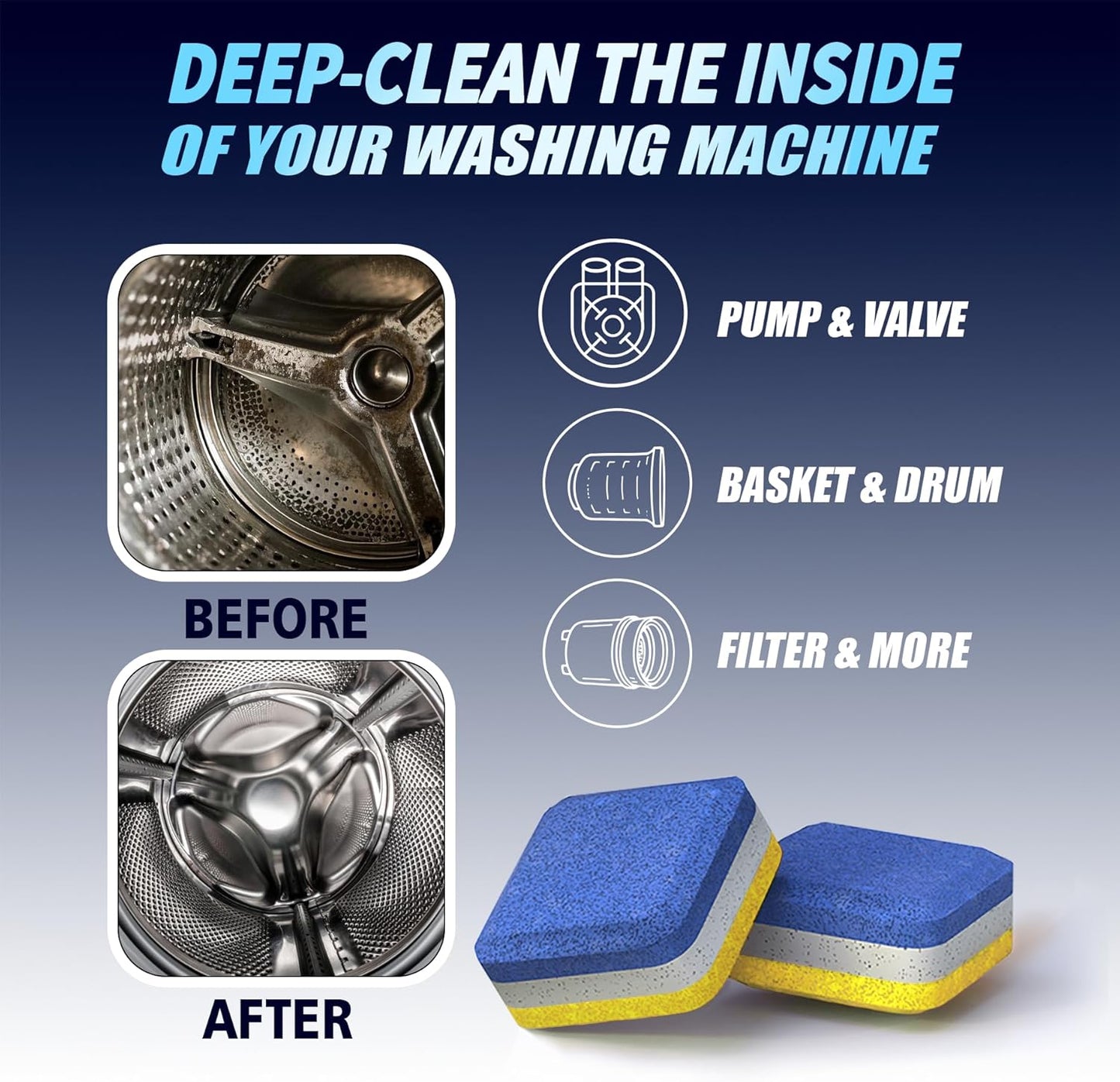 Washing Machine Cleaner Tablets 56 Pack for HE Front Loader - Eco Friendly Washer Machine Cleaning Tablets - 3 Layers Septic Safe Wash Machine Full Deodorizer Descaler Protector - 2 Plus Year Supply