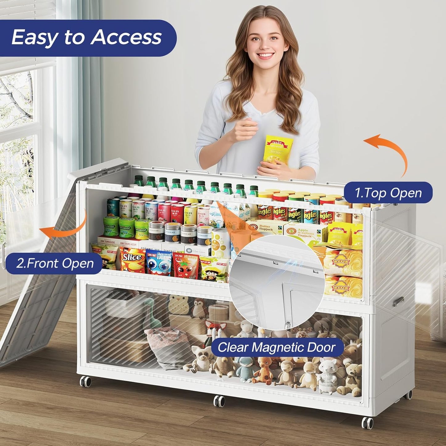 320 Gallon Extra Large Collapsible Storage Bin with Lid, 1280QT Stackable Plastic Organizer with 6x Wheels, Foldable Drawer Cabinet for Closet, Living Room Office Dorm 4Pack, White