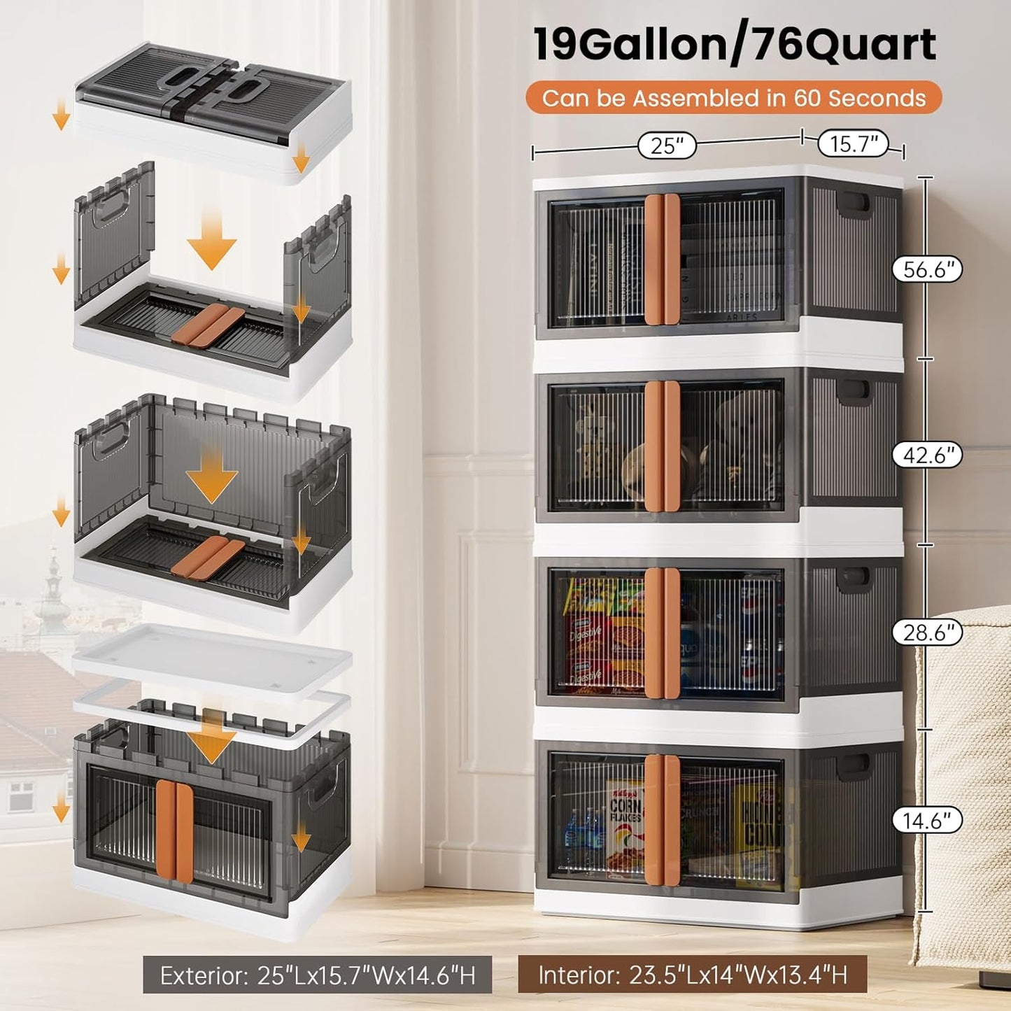 19Gal Collapsible Storage Bins with Lids & Wheels - 2 Pack Stackable with Doors, Heavy-Duty Plastic Containers for Home/Office, White