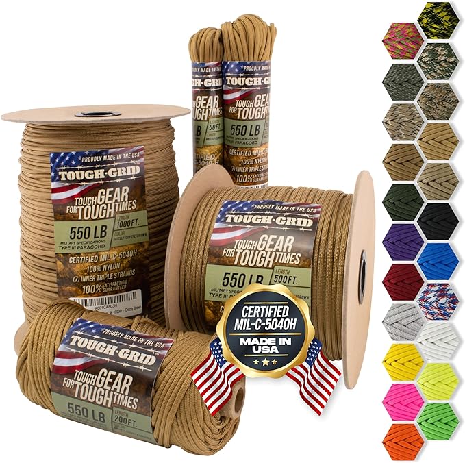 TOUGH-GRID 550 Paracord, Type III Mil-Spec Nylon Rope - 200 Ft Grizzly Brown by TOUGH-GRID