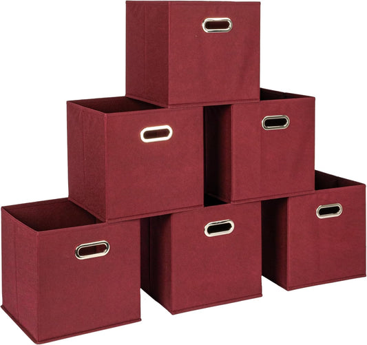 Household Essentials Fabric Storage Cube Bins, 6 Piece Set, Strong Poly-Woven Fabric, Chipboard Sides, Grommet Front Handle, Stackable and Foldable, Classic Design, Burgundy