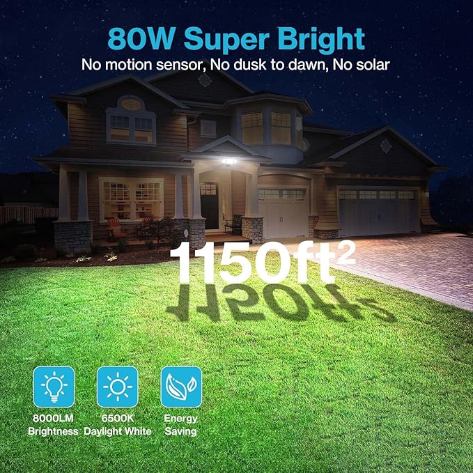 Olafus 80W Flood Lights Outdoor, Switch Controlled 8000LM LED Security Lights - Image 2