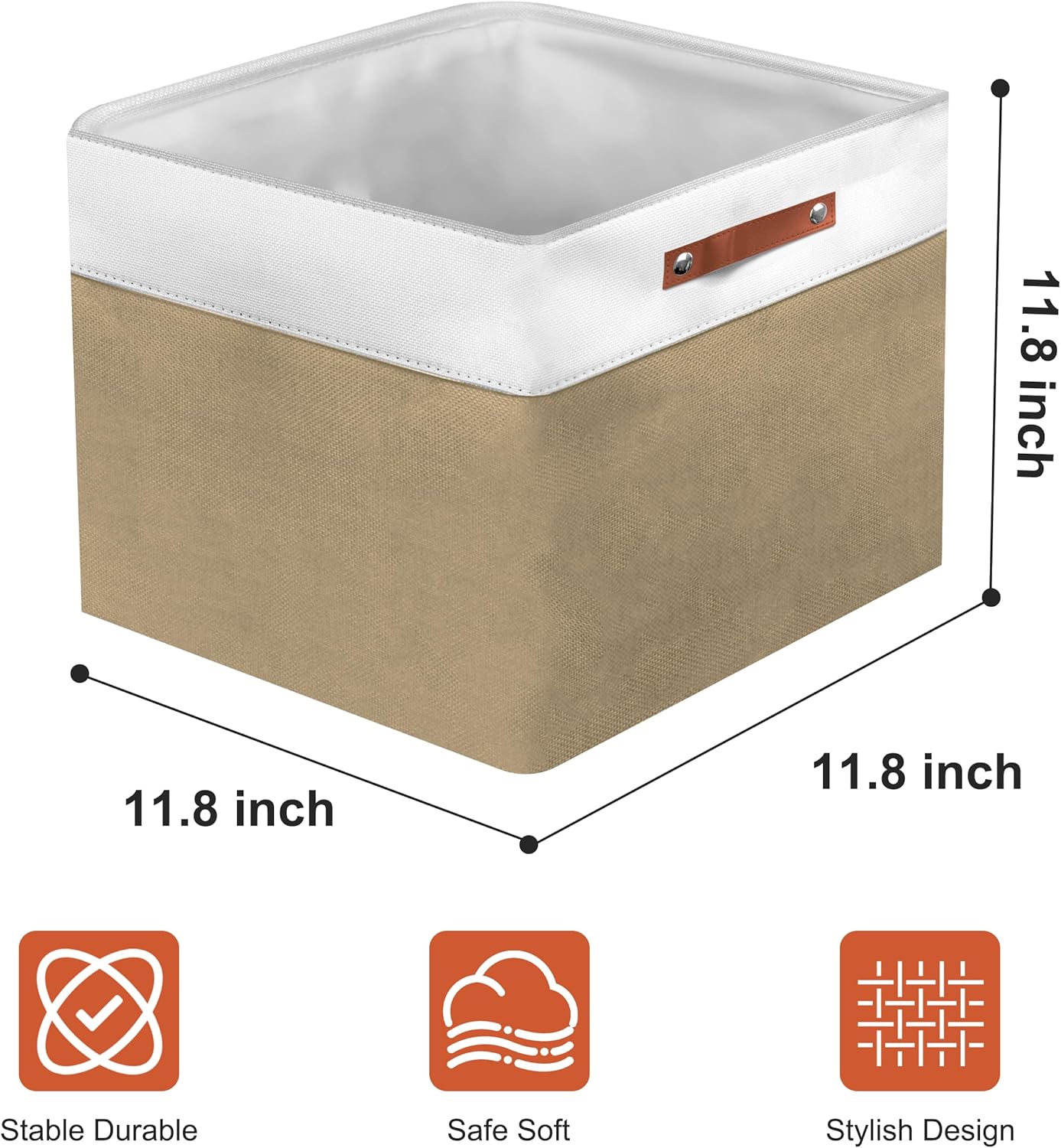 12in Open Fabric Storage Basket with Leather Handles for Organizing, Collapsible Linen Closet Bins for Shelves, Closets, Laundry, Decorative Basket for Gifts. (White＆Khaki, 2PCS/12x12in)