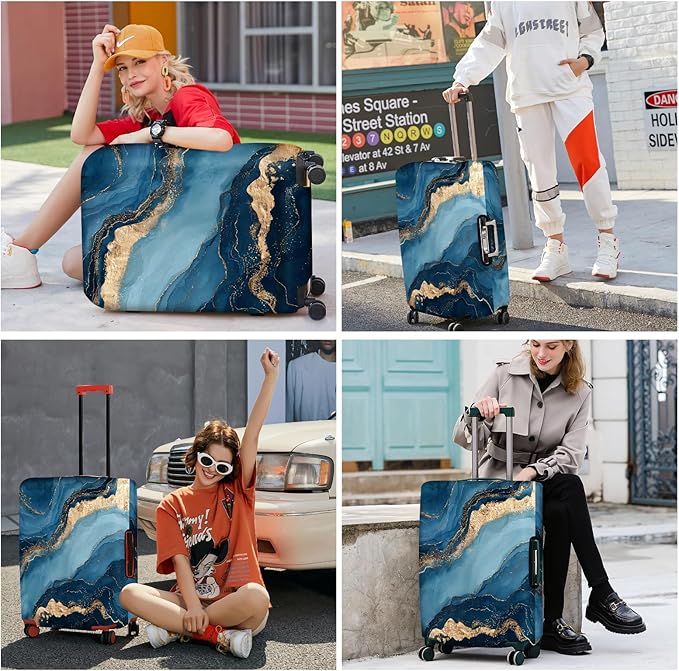 ANNA QUEEN Blue Marble Luggage Cover, Modern Gold Vein Abstract Design Suitcase - Image 7