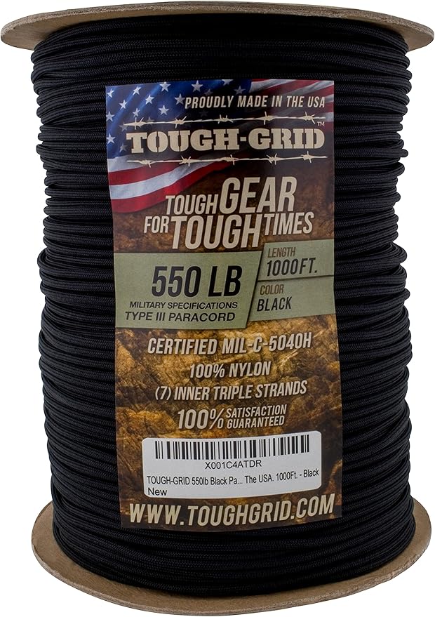 TOUGH-GRID 550 Paracord, Type III Mil-Spec Nylon Rope - 1000 Ft Black Tactical - Image 3