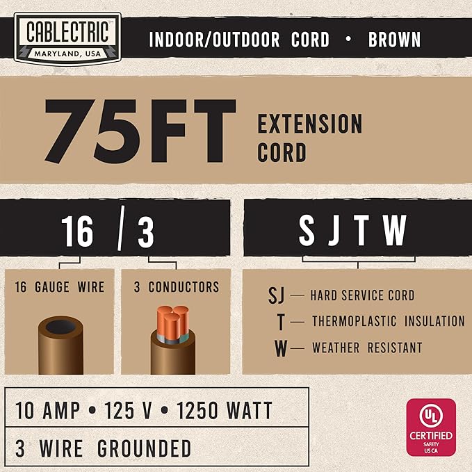 Brown Outdoor Extension Cord 75 ft, 16/3 Heavy Duty Cable - Image 2