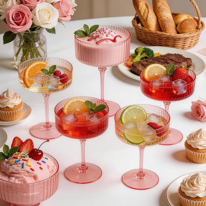 PLULON 24 Pcs Pink Champagne Martini Glasses Set 10 Oz Plastic Ribbed Coupe Cup - Image 6
