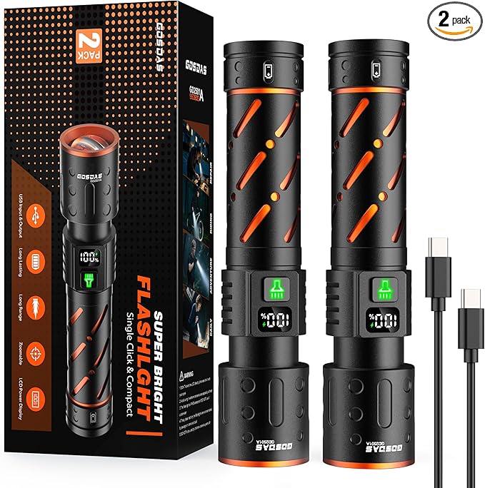 Rechargeable Flashlights High Lumens 100000 2 Pack, Super Bright 30W LED by Gosdas