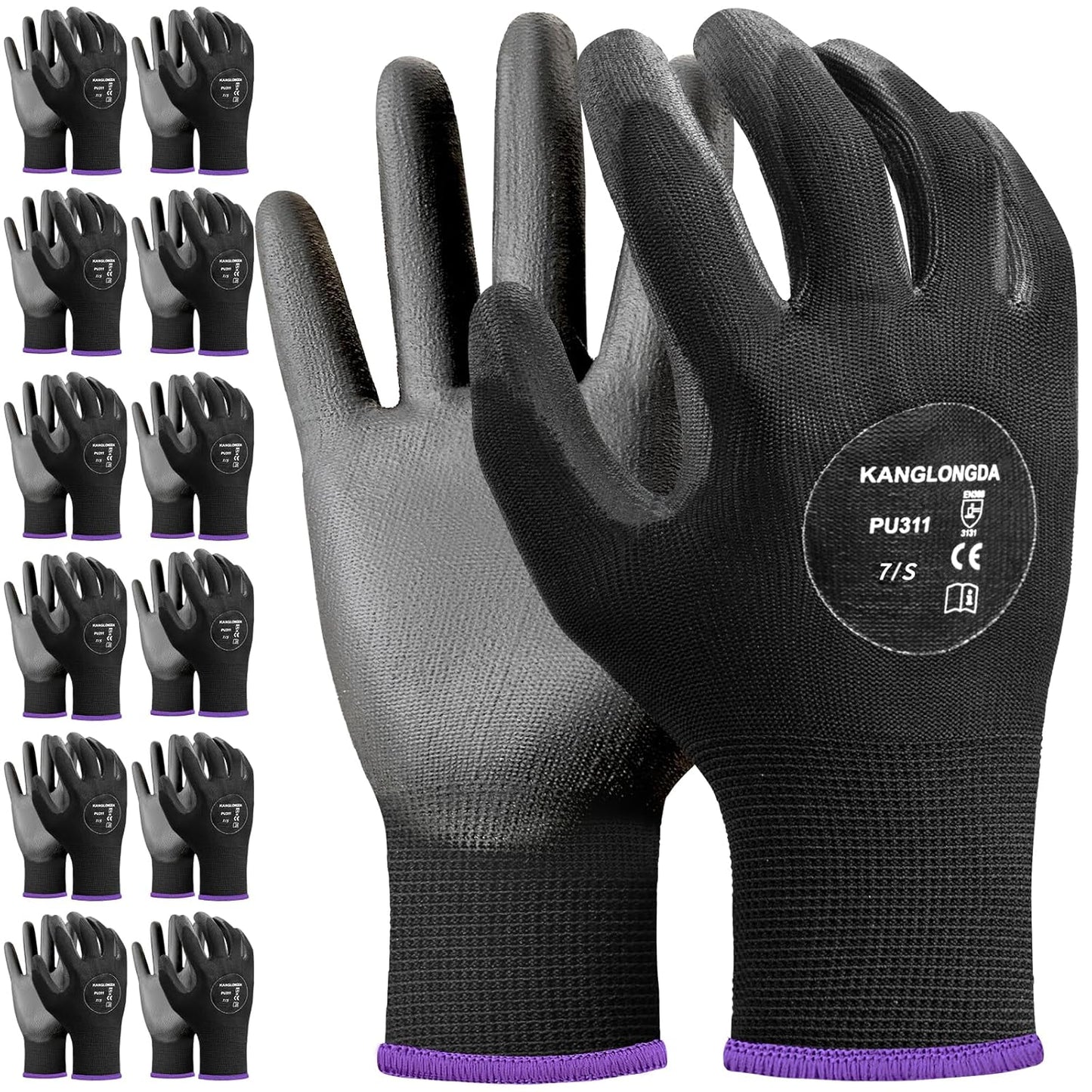 Kebada Safety Work Gloves, 12 Pairs Work Gloves with Grip, PU Coated Grip Gloves for Warehouse, Construction, Gardening and Mechanics, Black, Small
