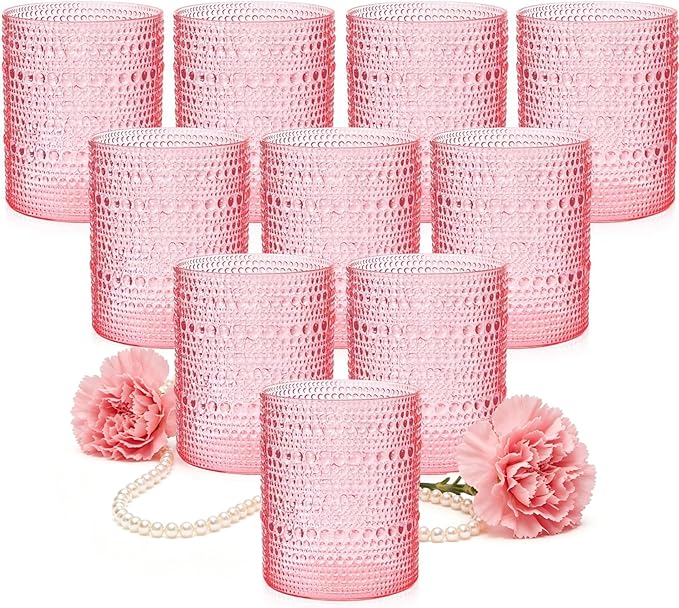 YOUBET 24PCS Plastic Drinking Glasses - 14OZ Pink Hobnail Drinkware Glasses - by YOUBET