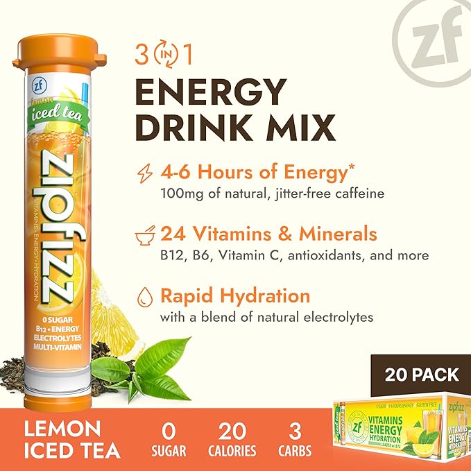 Zipfizz Daily Energy Drink Powder, Lemon Iced Tea, 20 Pack | 3-in-1 Sustained - Image 2