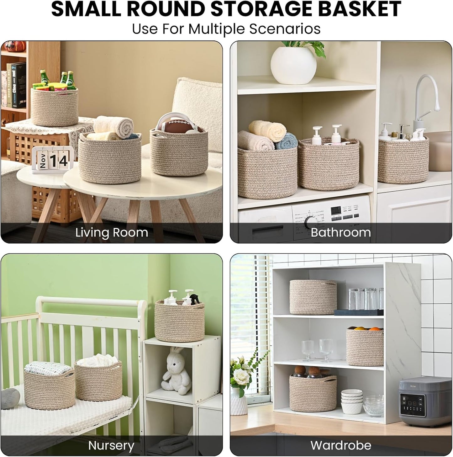 Small Storage Baskets for Organizing, Organizer Baskets for Shelves, Small Woven Basket for Storage, Cute Cotton Rope Basket for Gifts Empty, 9.7"×9.7"×7" (3 Packs) Brown