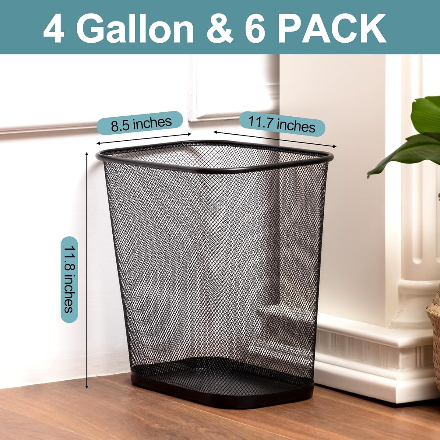 Nuanchu 6 Pcs Mesh Square Trash Cans 4 Gallons Wire Wastebasket for Home Black Metal Office Garbage Cans Rectangular Trash Bin for Kitchen Bathroom Bedroom, 11.7 x 8.5 x 11.8 Inch (Black)